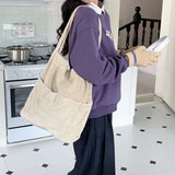 Corduroy Tote Shoulder Bag with Front Phone Pockets