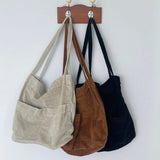 Corduroy Tote Shoulder Bag with Front Phone Pockets