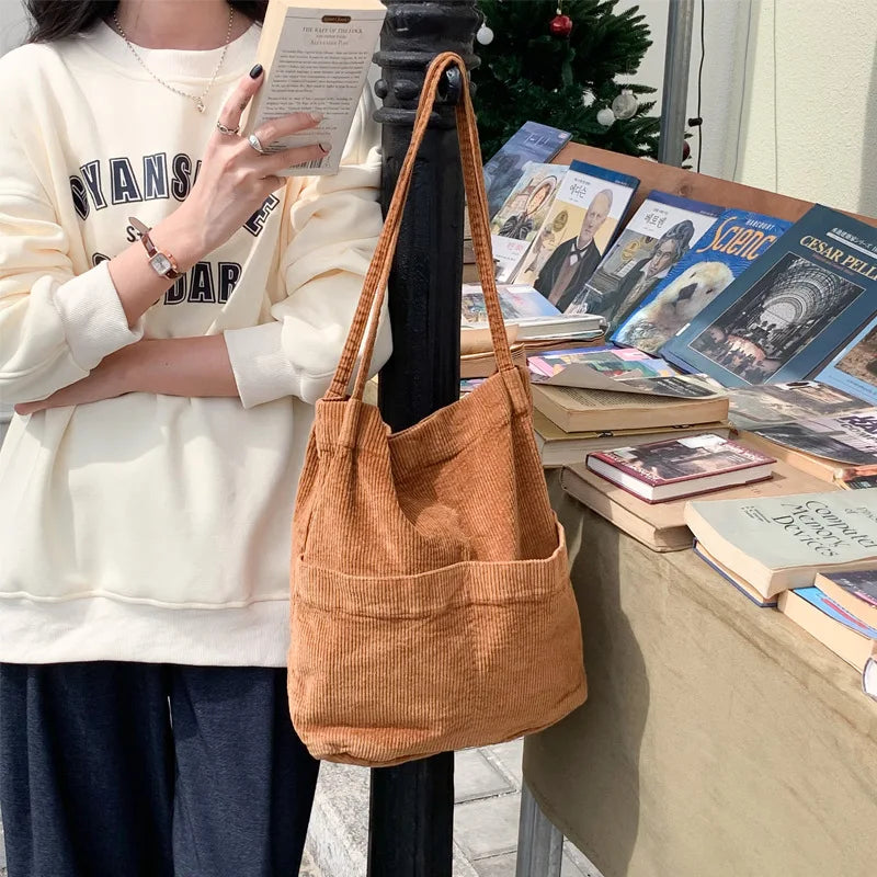 Corduroy Tote Shoulder Bag with Front Phone Pockets