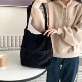 Corduroy Tote Shoulder Bag with Front Phone Pockets