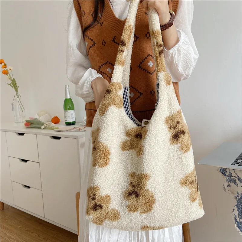 Cashmere Shoulder Bag Soft Plush Bear Tote