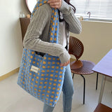 Plush Checked Shoulder Bag Large Capacity Tote Shopping Bags Soft Handbag