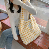 Plush Checked Shoulder Bag Large Capacity Tote Shopping Bags Soft Handbag