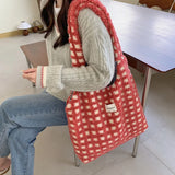 Plush Checked Shoulder Bag Large Capacity Tote Shopping Bags Soft Handbag