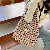 Plush Checked Shoulder Bag Large Capacity Tote Shopping Bags Soft Handbag