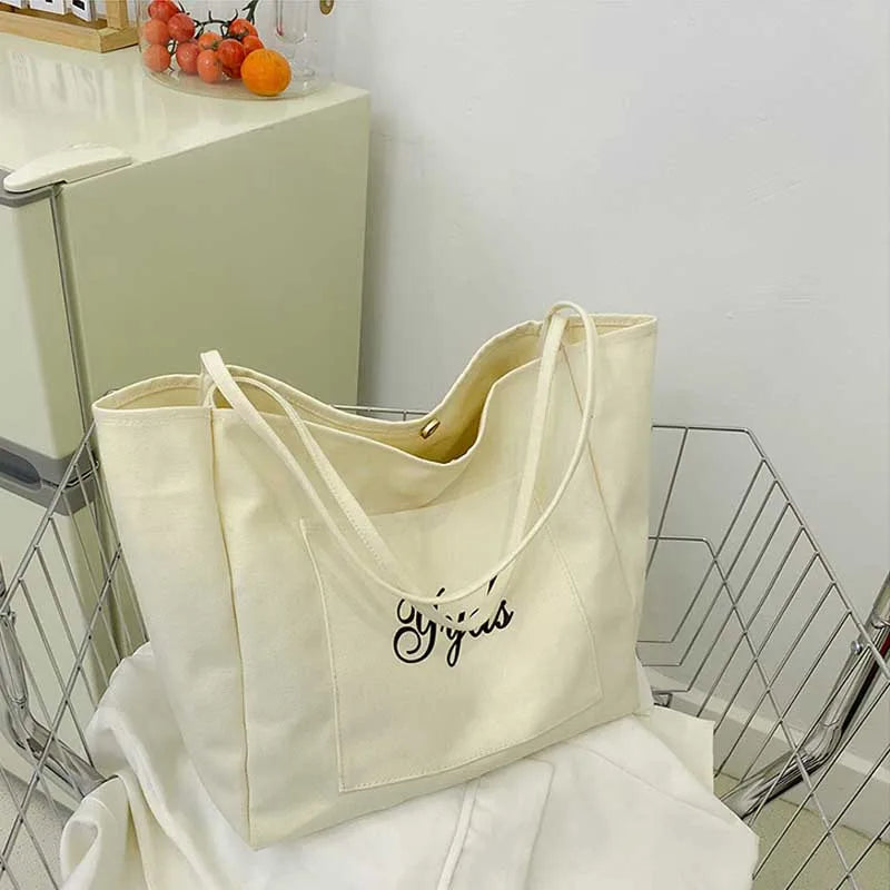 Large Capacity Women's Shoulder Bag College Style Cotton Canvas Handbag