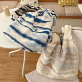 Winter Plush Shoulder Bag Women's Large Capacity Tote Stripe Ink Pattern Fluffy
