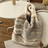 Winter Plush Shoulder Bag Women's Large Capacity Tote Stripe Ink Pattern Fluffy