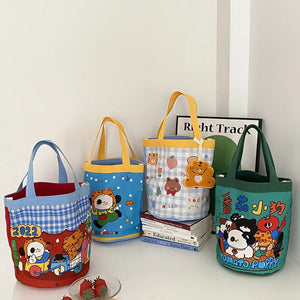 Woman's Cartoon Bucket Tote Bag Large Capacity Handbag Canvas Bento Bags