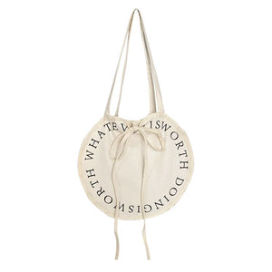 Women's Letter Canvas Round Shoulder Bag Large Capacity Casual Handbag