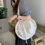 Women's Letter Canvas Round Shoulder Bag Large Capacity Casual Handbag