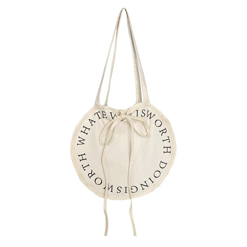 Women's Letter Canvas Round Shoulder Bag Large Capacity Casual Handbag