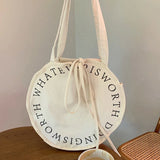 Women's Letter Canvas Round Shoulder Bag Large Capacity Casual Handbag