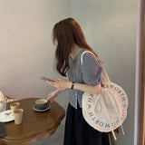 Women's Letter Canvas Round Shoulder Bag Large Capacity Casual Handbag