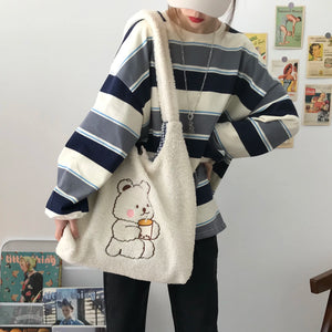 Canvas Tote Purse Shoulder Bag Bear Embroider Handbag