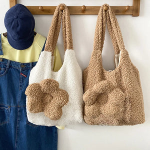 Plush Winter Shoulder Bag Large Tote Satchel Purse Lambs Wool Shopping Bags
