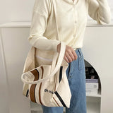 Striped Cotton Canvas Tote Bag Letter Printing Handbag
