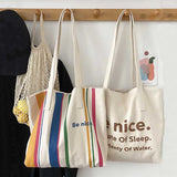 Striped Cotton Canvas Tote Bag Letter Printing Handbag