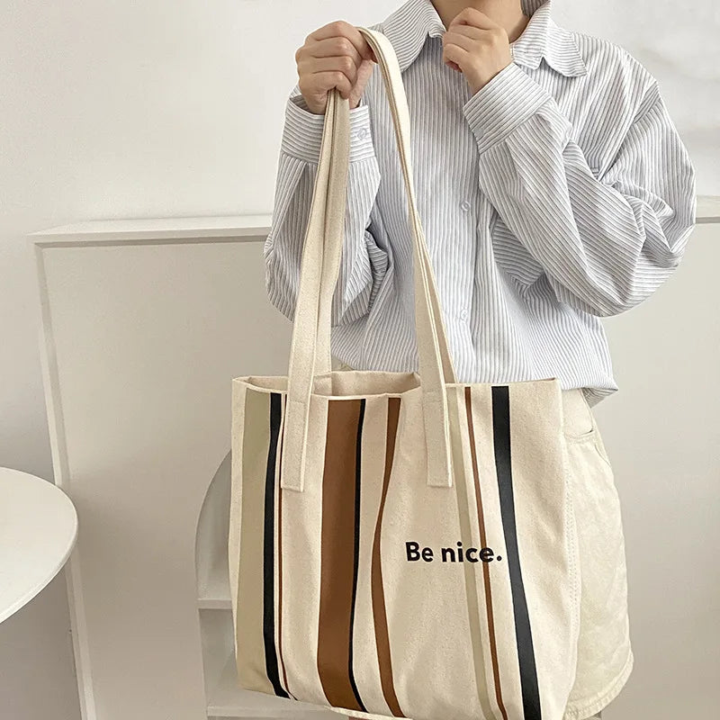 Striped Cotton Canvas Tote Bag Letter Printing Handbag