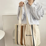 Striped Cotton Canvas Tote Bag Letter Printing Handbag