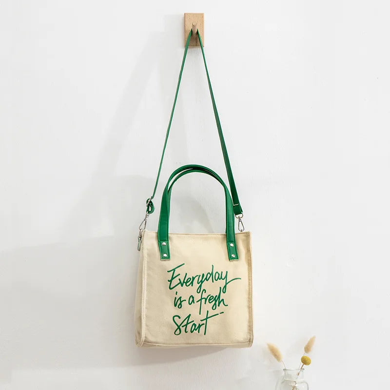 Women's Canvas Tote Cotton Shoulder Bag Letter Printed Square Messenger Bag