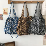 Leopard Print Corduroy Shoulder Bag Large Capacity Totes
