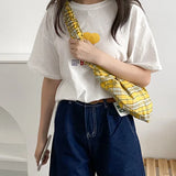Yellow Checkered Handbag Ruched Handle Purse With Zipper