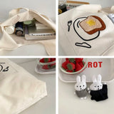 Women's Shoulder Cotton Canvas Bag with Rabbit Pendant Large Capacity Tote