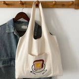 Women's Shoulder Cotton Canvas Bag with Rabbit Pendant Large Capacity Tote