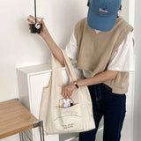 Women's Shoulder Cotton Canvas Bag with Rabbit Pendant Large Capacity Tote