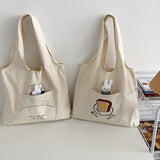 Women's Shoulder Cotton Canvas Bag with Rabbit Pendant Large Capacity Tote