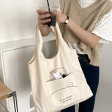 Women's Shoulder Cotton Canvas Bag with Rabbit Pendant Large Capacity Tote