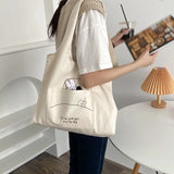 Women's Shoulder Cotton Canvas Bag with Rabbit Pendant Large Capacity Tote