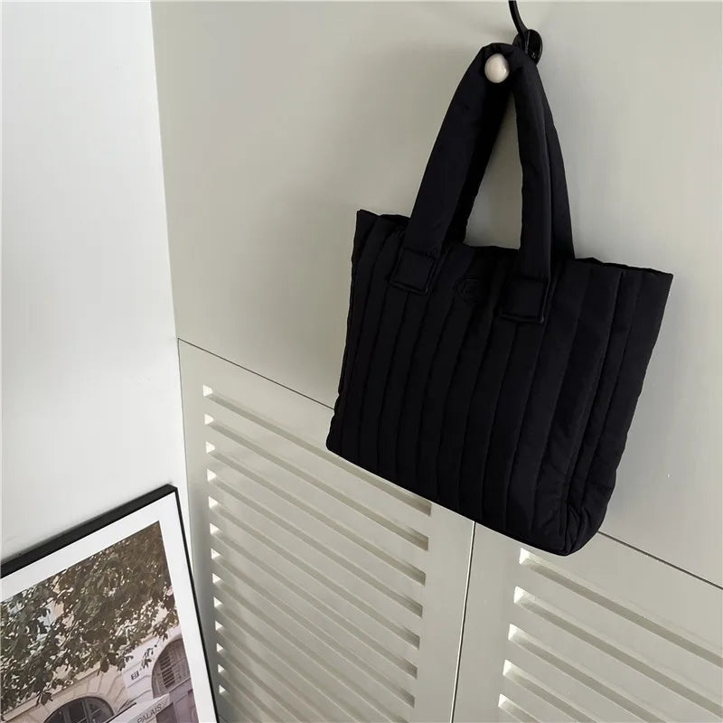 Women's Space Cotton Soft Handbag Vertical Striation Square Casual Tote