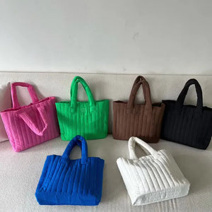 Women's Space Cotton Soft Handbag Vertical Striation Square Casual Tote