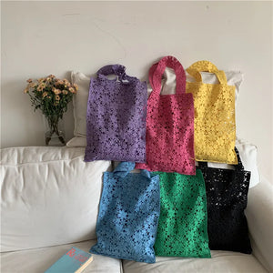Woven Shoulder Bag Hook Flower Lace Tote Bags Summer Beach Cotton Portable