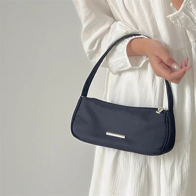 Avocado Green Baguette Underarm Bag Solid Nylon Women Handbag