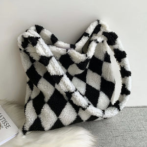 INS Women Checkerboard Print Shoulder Bag Large Capacity Tote Winter Bucket Bags