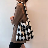 INS Women Checkerboard Print Shoulder Bag Large Capacity Tote Winter Bucket Bags