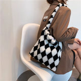 INS Women Checkerboard Print Shoulder Bag Large Capacity Tote Winter Bucket Bags