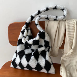 INS Women Checkerboard Print Shoulder Bag Large Capacity Tote Winter Bucket Bags