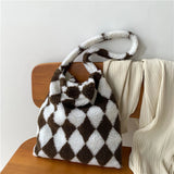 INS Women Checkerboard Print Shoulder Bag Large Capacity Tote Winter Bucket Bags