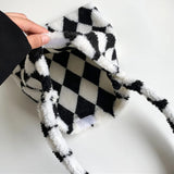 INS Women Checkerboard Print Shoulder Bag Large Capacity Tote Winter Bucket Bags