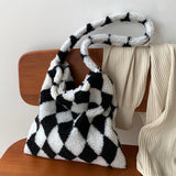 INS Women Checkerboard Print Shoulder Bag Large Capacity Tote Winter Bucket Bags
