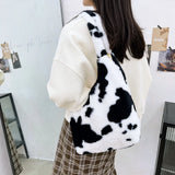 Women Plush Flower Shoulder Bags Leopard Cow Print Bucket Bags