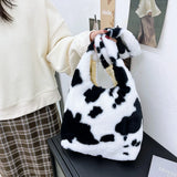 Women Plush Flower Shoulder Bags Leopard Cow Print Bucket Bags