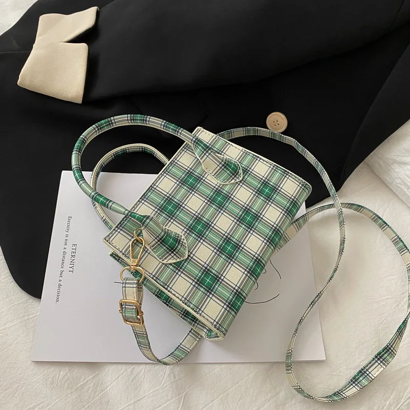 Plaid Tote Bag Women PU Leather Handbag Shoulder Crossbody Travel Purse