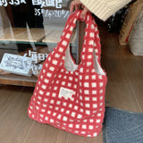 INS Plush Polar Fleece Waffle Plaid Handbag Women's Tote Shoulder Bag