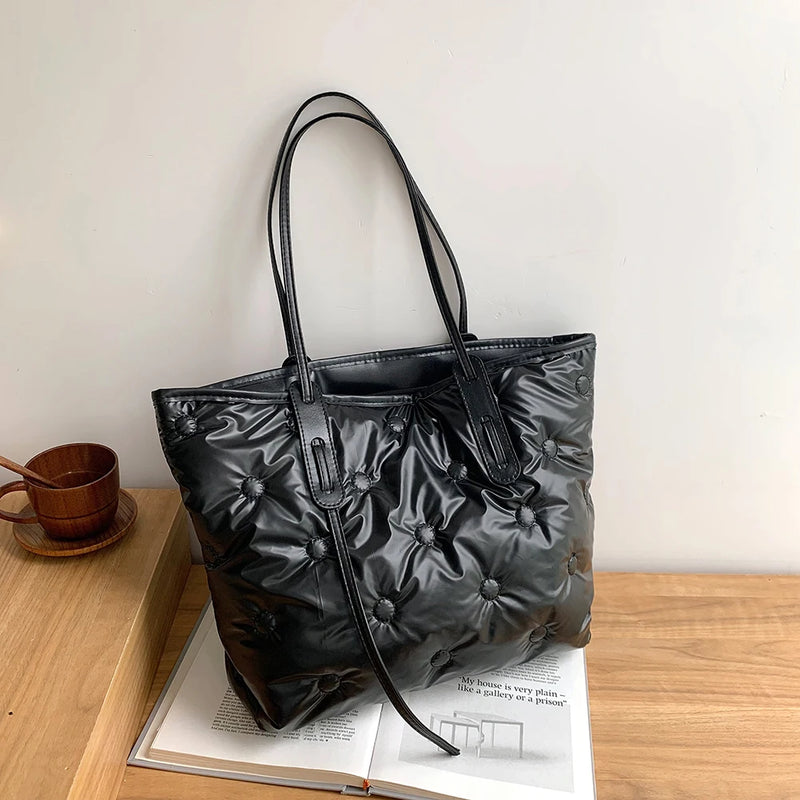 Winter Down Bags Feather Space Cotton Padded Handbags Women Solid Quilted Bucket