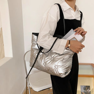 Winter Down Bags Feather Space Cotton Padded Handbags Women Solid Quilted Bucket